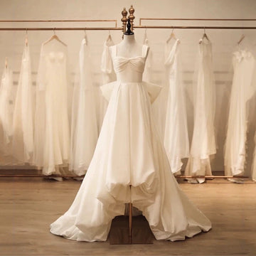 Niulatu High Low Square Neckline Long White Satin Wedding Dresses SD2120